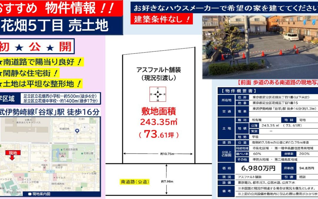 【足立区不動産】花畑５丁目　売地※販売終了しました