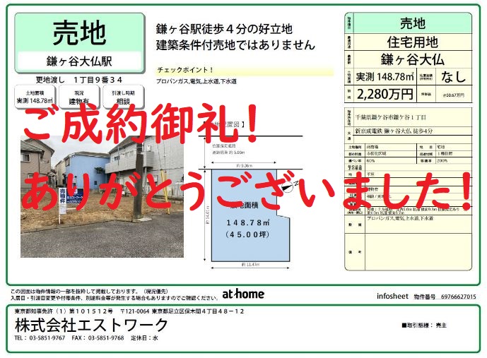 成約御礼！ 鎌ケ谷市鎌ケ谷1丁目　売地